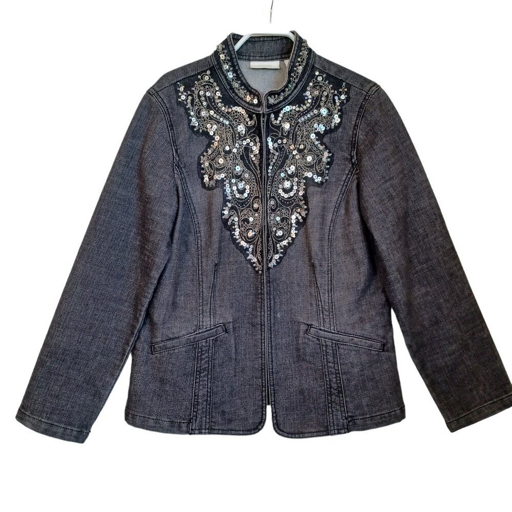 Chicos Charcoal Gray‎ Denim Jacket Sequin Beaded Embellished Scrollwork Blazer
